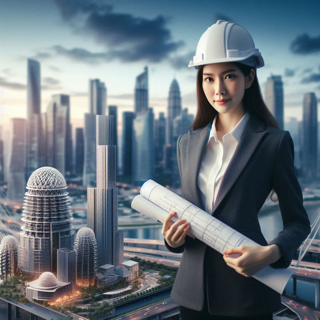 Gruppe arkitekter arbejder sammen på et designprojekt, med skitser og byggematerialer omkring dem, som repræsenterer samarbejde og kreativitet i arkitektur.