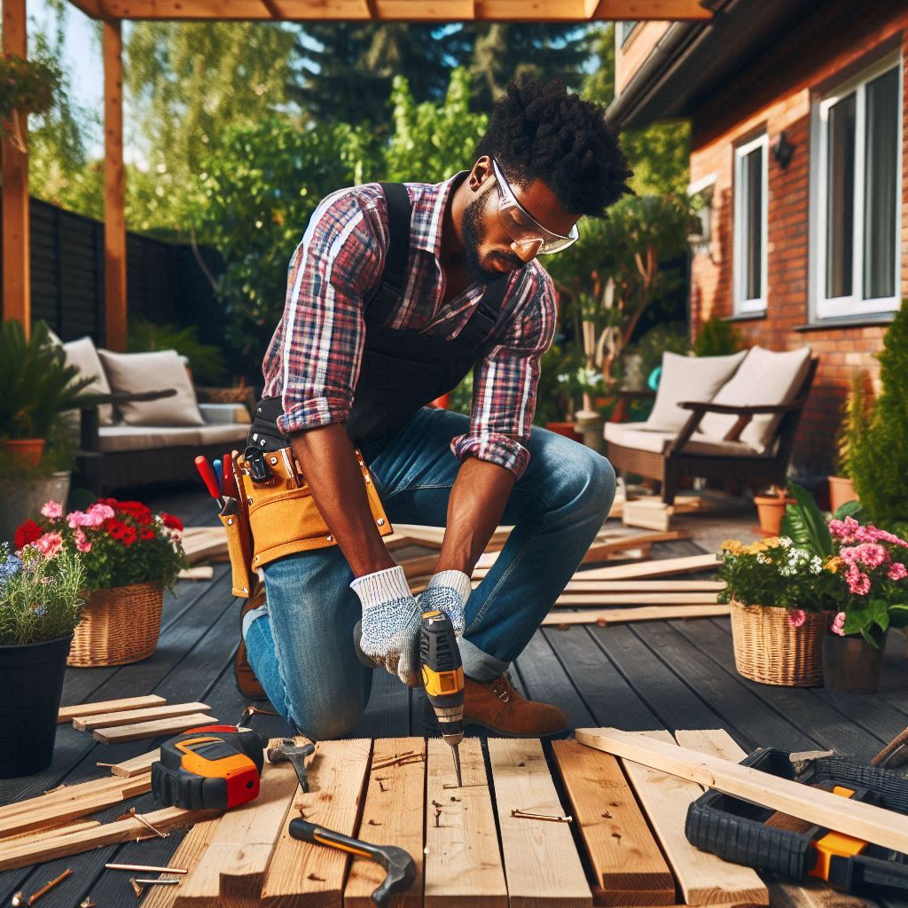 Terrasse afskærmning: En moderne terrasse med en elegant afskærmning lavet af lodrette trælister, som giver privatliv og skygge. Terrassen er udstyret med komfortable havemøbler, der indbyder til afslapning, og der er planter i krukker, der tilføjer grønne nuancer til omgivelserne. Afskærmningen skaber en hyggelig og afskærmet atmosfære, samtidig med at den passer godt ind i den udendørs indretning.