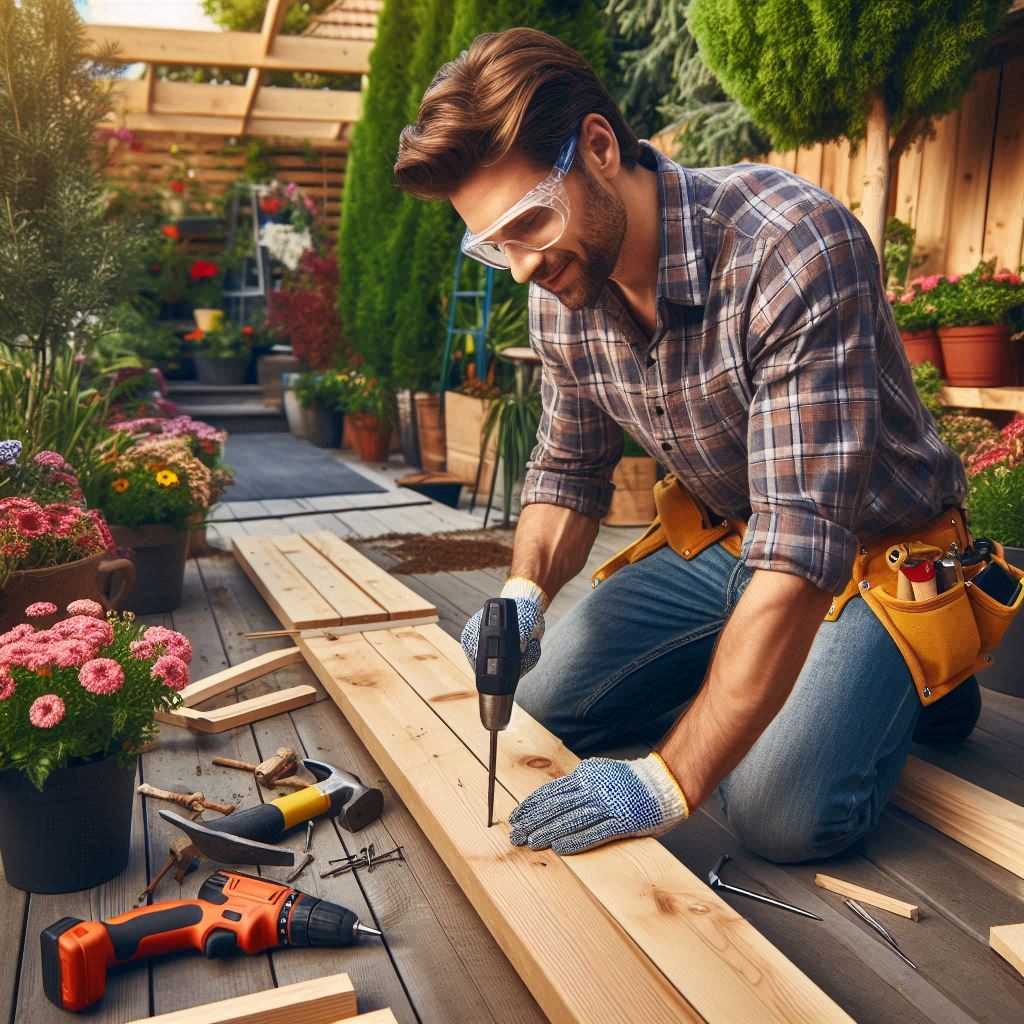 Terrassebrædder: Billede af terrassebrædder lagt i et mønster, der viser den naturlige træstruktur og farve. Perfekt til udendørs terrasser, som skaber en varm og indbydende atmosfære i haven.